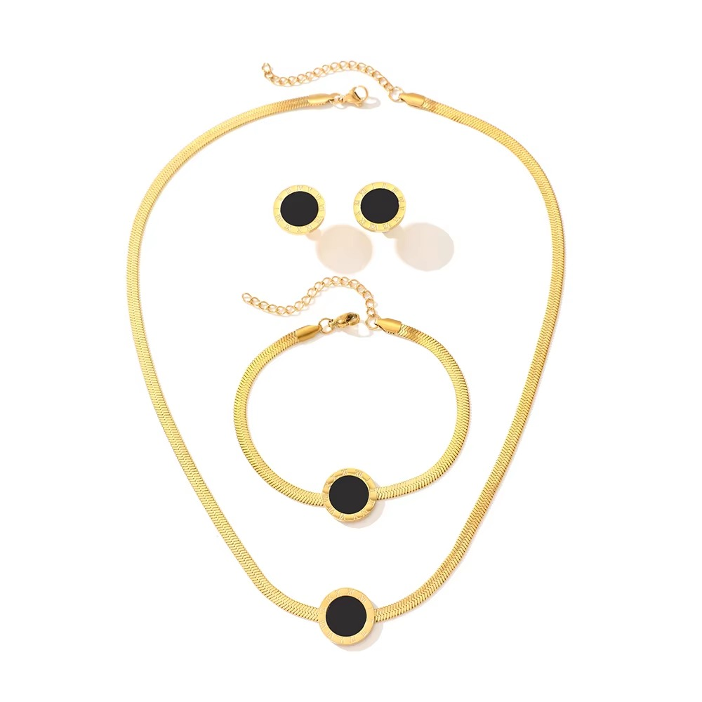 DGIDDK Stainless Steel Simple Roman Numerals Black Round Pendant Flat Snake Chain Necklace Bracelet Earrings Women's Jewelry Set