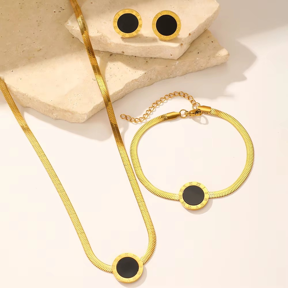DGIDDK Stainless Steel Simple Roman Numerals Black Round Pendant Flat Snake Chain Necklace Bracelet Earrings Women's Jewelry Set