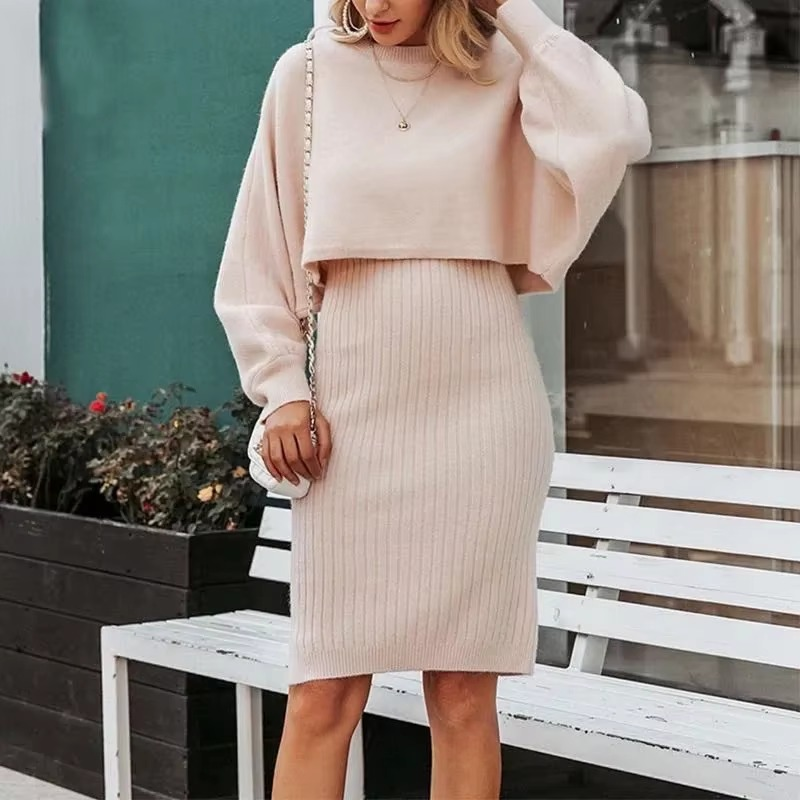 Two-piece Set High-waisted Pullover Knitted Sweater Half-body Commuter Solid Dress Medium Long Knee-length Round Neck