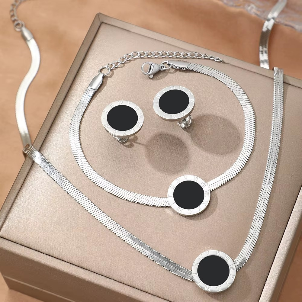 DGIDDK Stainless Steel Simple Roman Numerals Black Round Pendant Flat Snake Chain Necklace Bracelet Earrings Women's Jewelry Set