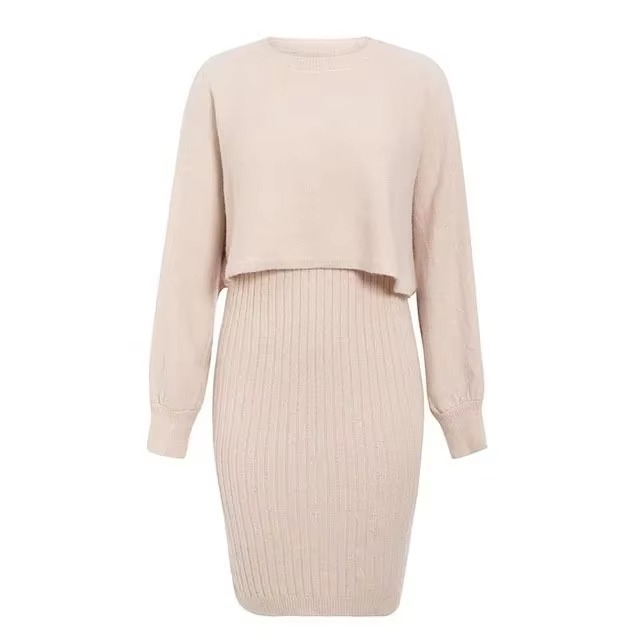 Two-piece Set High-waisted Pullover Knitted Sweater Half-body Commuter Solid Dress Medium Long Knee-length Round Neck