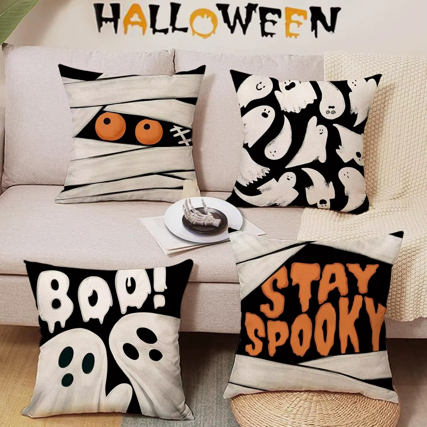 Halloween Pillowcases: Mummy & Ghost Themed, Boo! & Stay Spooky Designs Sofa cushion cover, holiday party decoration, gift