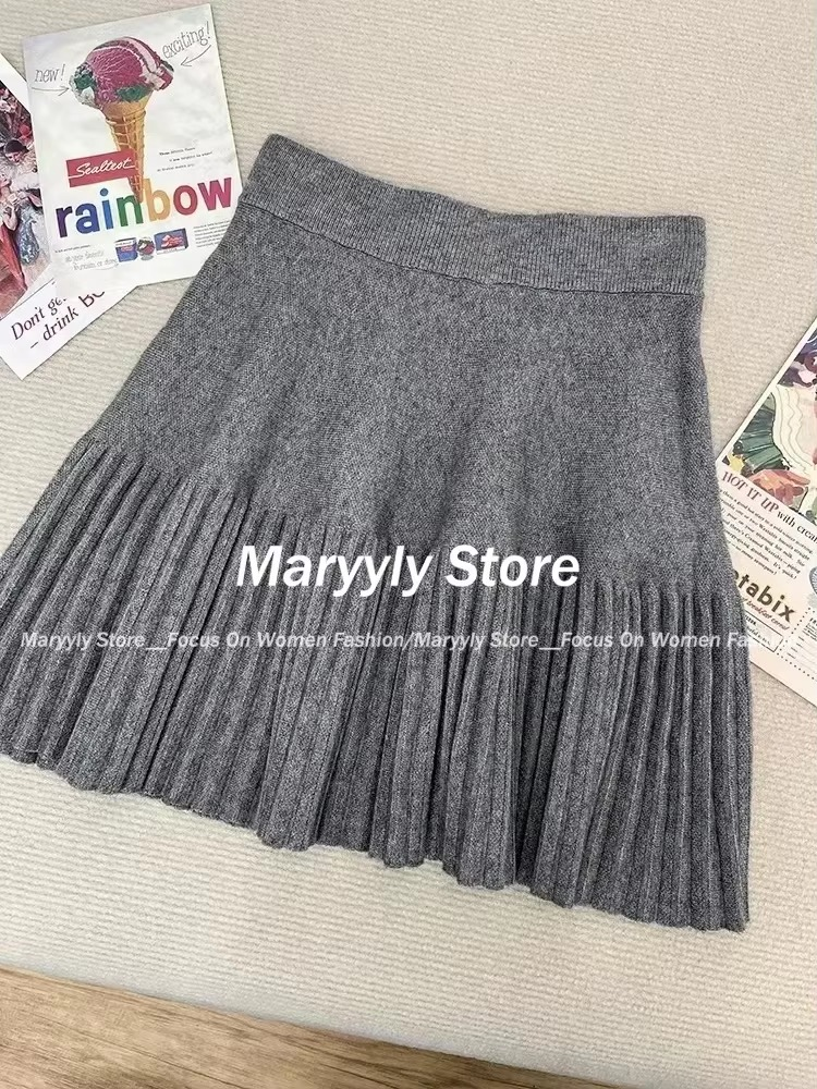 Autumn Winter Korean Fashion Knitted Outfits Women Casual Y2k Crop Tops 2 Piece Set + Ruffle Mini Skirt Office Lady Skirt Suits