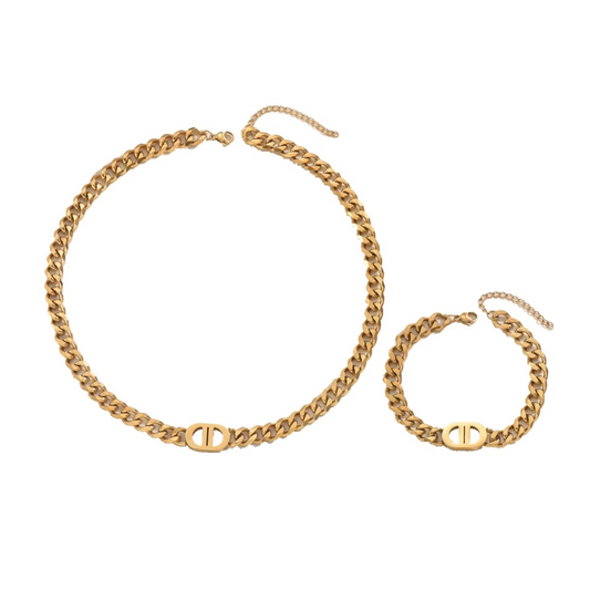 2 PCS Set Gold Color Cuban Chain Geometric Charm Necklace Bracelet Jewelry Set Hiphop Trendy Thick Chain Bracelet Choker Set