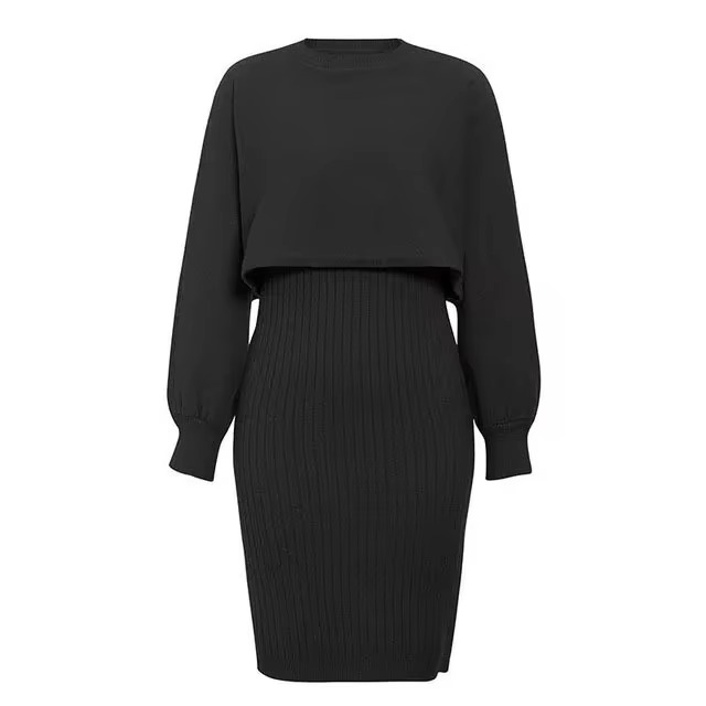 Two-piece Set High-waisted Pullover Knitted Sweater Half-body Commuter Solid Dress Medium Long Knee-length Round Neck