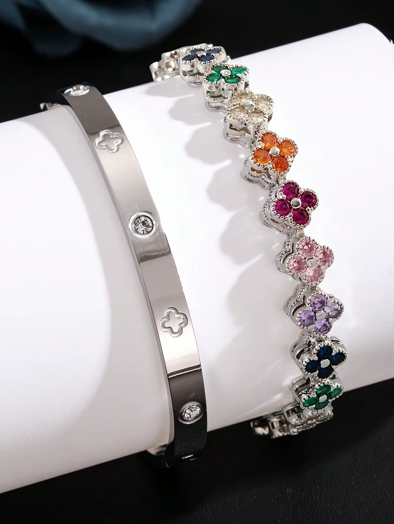 UILZ Delicate Lucky Clover Women Bracelet High Quality Stainless Steel Morandi Colors Shining Zircon Inlaid Charm Jewelry Gift