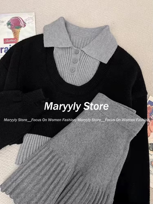 Autumn Winter Korean Fashion Knitted Outfits Women Casual Y2k Crop Tops 2 Piece Set + Ruffle Mini Skirt Office Lady Skirt Suits
