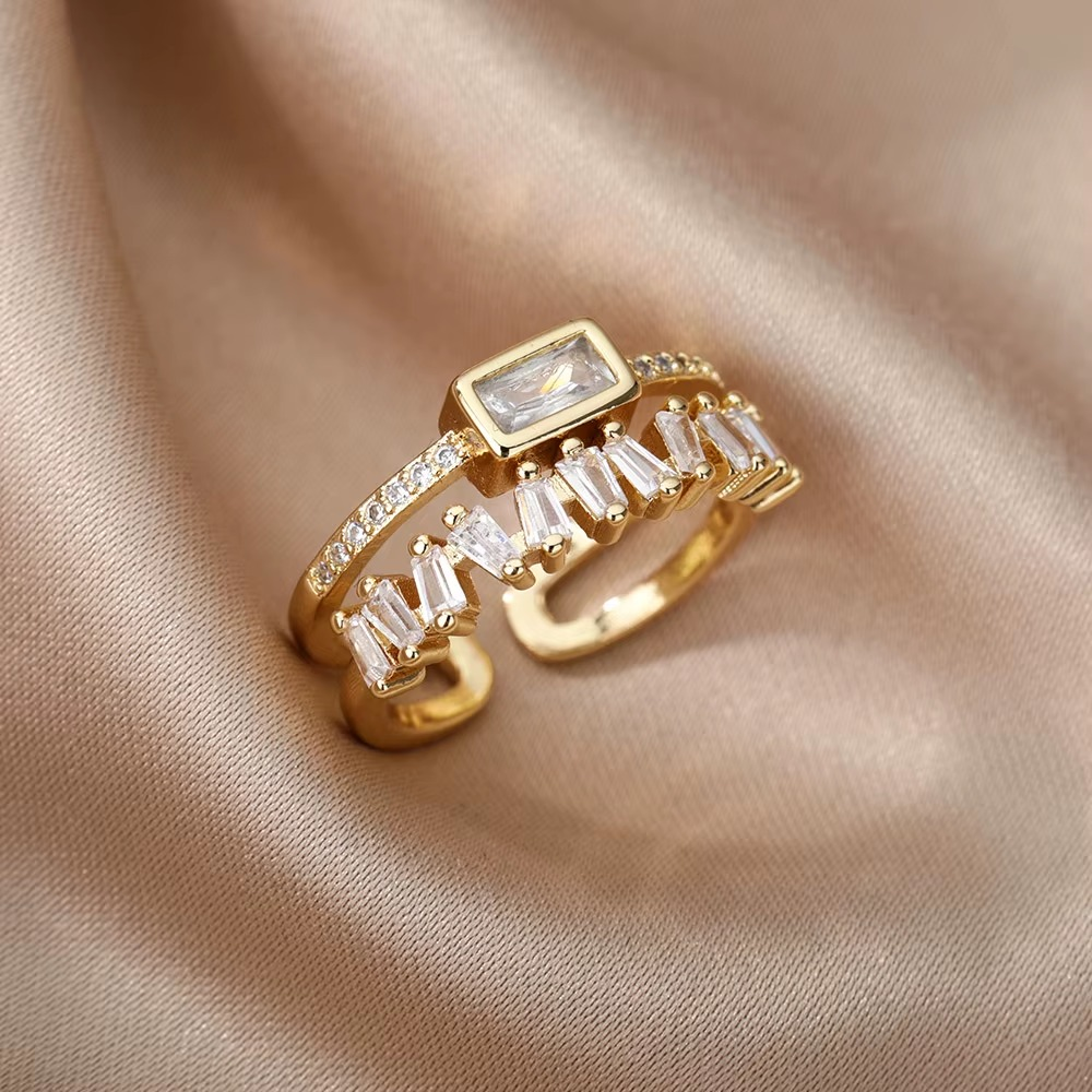 Classic Green Irregular Double Layer Zircon Rings For Women Stainless Steel Gold Plated Wedding Open Finger Ring Free Shipping