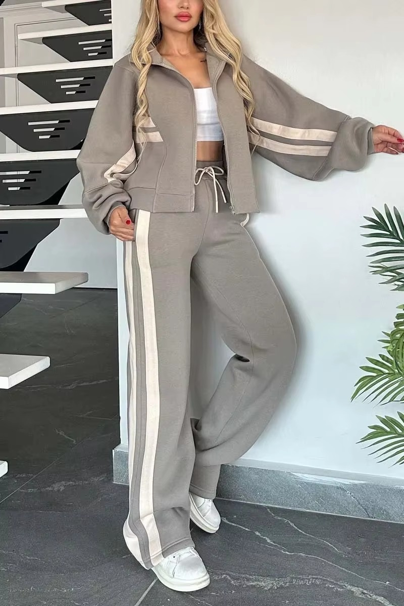 Two Piece Set Women Fashion Striped Print Lapel Zipper Coat High Waist Pants Outfit Autumn Winter Long Sleeve Suit Tracksuit