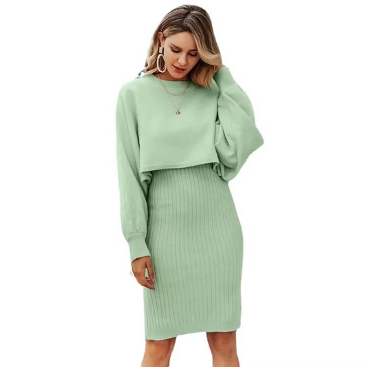 Two-piece Set High-waisted Pullover Knitted Sweater Half-body Commuter Solid Dress Medium Long Knee-length Round Neck