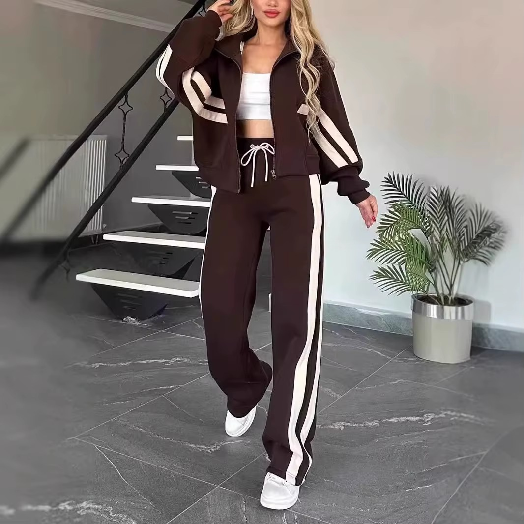 Two Piece Set Women Fashion Striped Print Lapel Zipper Coat High Waist Pants Outfit Autumn Winter Long Sleeve Suit Tracksuit