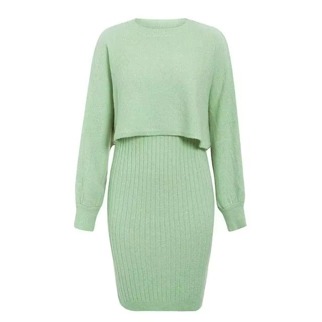Two-piece Set High-waisted Pullover Knitted Sweater Half-body Commuter Solid Dress Medium Long Knee-length Round Neck