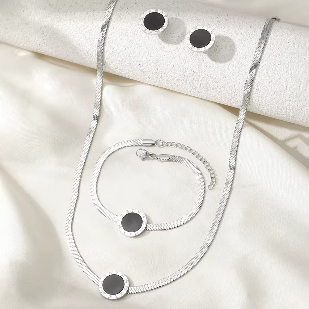 DGIDDK Stainless Steel Simple Roman Numerals Black Round Pendant Flat Snake Chain Necklace Bracelet Earrings Women's Jewelry Set