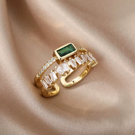 Classic Green Irregular Double Layer Zircon Rings For Women Stainless Steel Gold Plated Wedding Open Finger Ring Free Shipping
