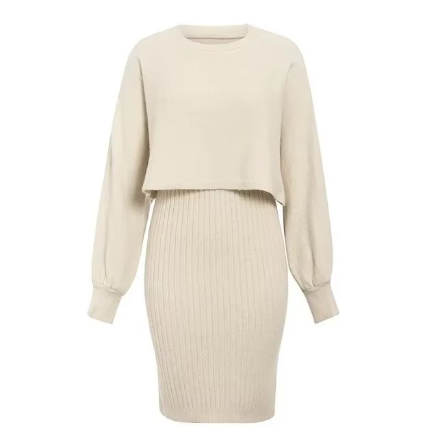 Two-piece Set High-waisted Pullover Knitted Sweater Half-body Commuter Solid Dress Medium Long Knee-length Round Neck