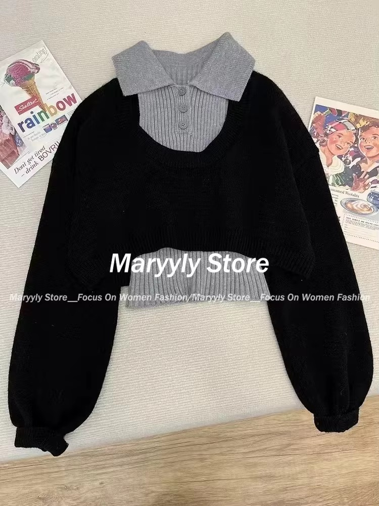 Autumn Winter Korean Fashion Knitted Outfits Women Casual Y2k Crop Tops 2 Piece Set + Ruffle Mini Skirt Office Lady Skirt Suits