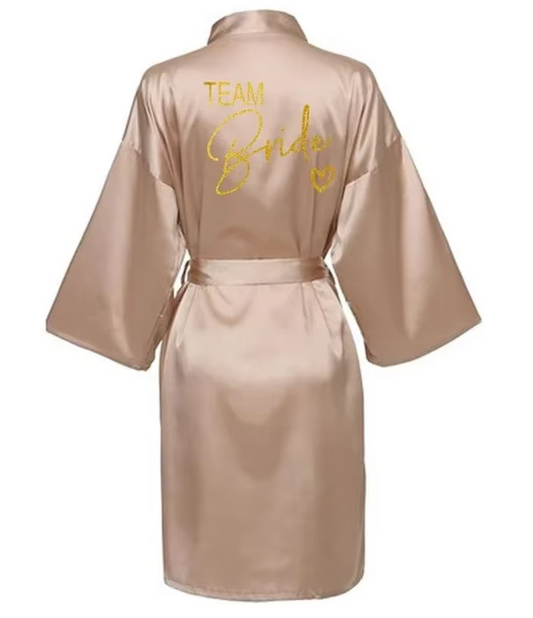 Wedding Party Team Bride Robe Kimono Satin Pajamas Bridesmaid Bathrobe Gold Letter SP089