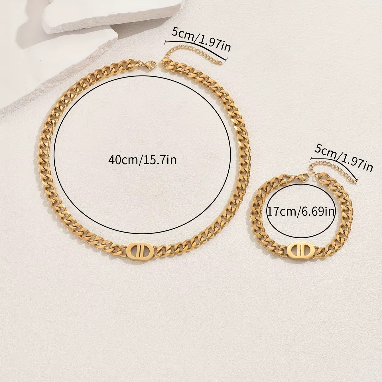 2 PCS Set Gold Color Cuban Chain Geometric Charm Necklace Bracelet Jewelry Set Hiphop Trendy Thick Chain Bracelet Choker Set