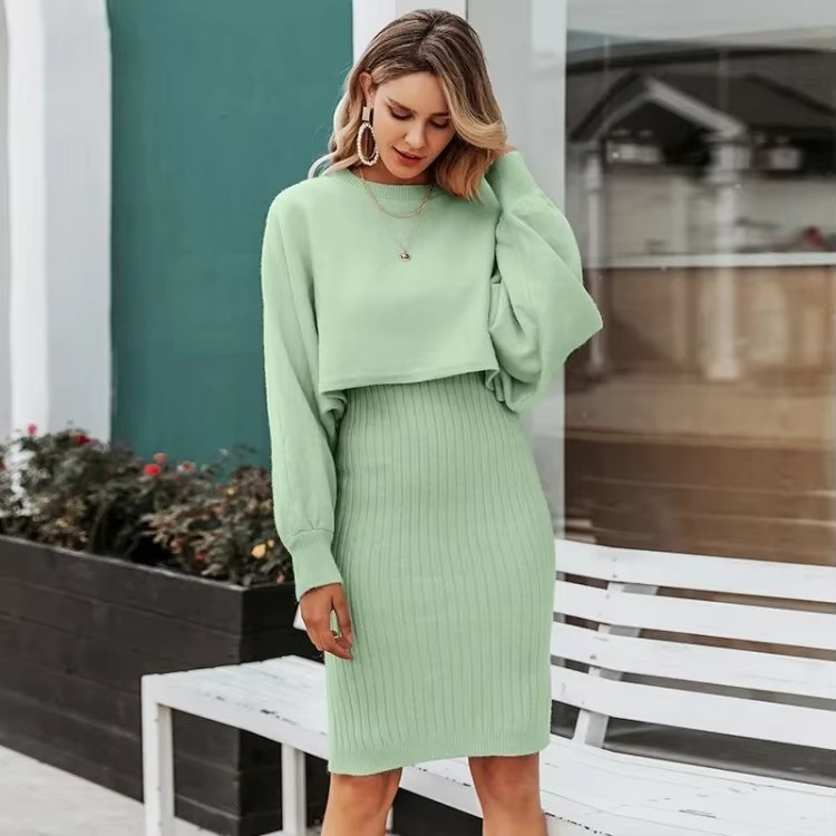 Two-piece Set High-waisted Pullover Knitted Sweater Half-body Commuter Solid Dress Medium Long Knee-length Round Neck