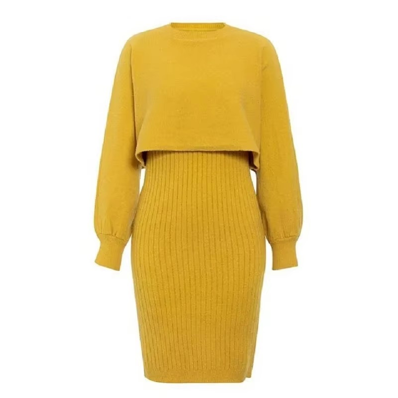 Two-piece Set High-waisted Pullover Knitted Sweater Half-body Commuter Solid Dress Medium Long Knee-length Round Neck