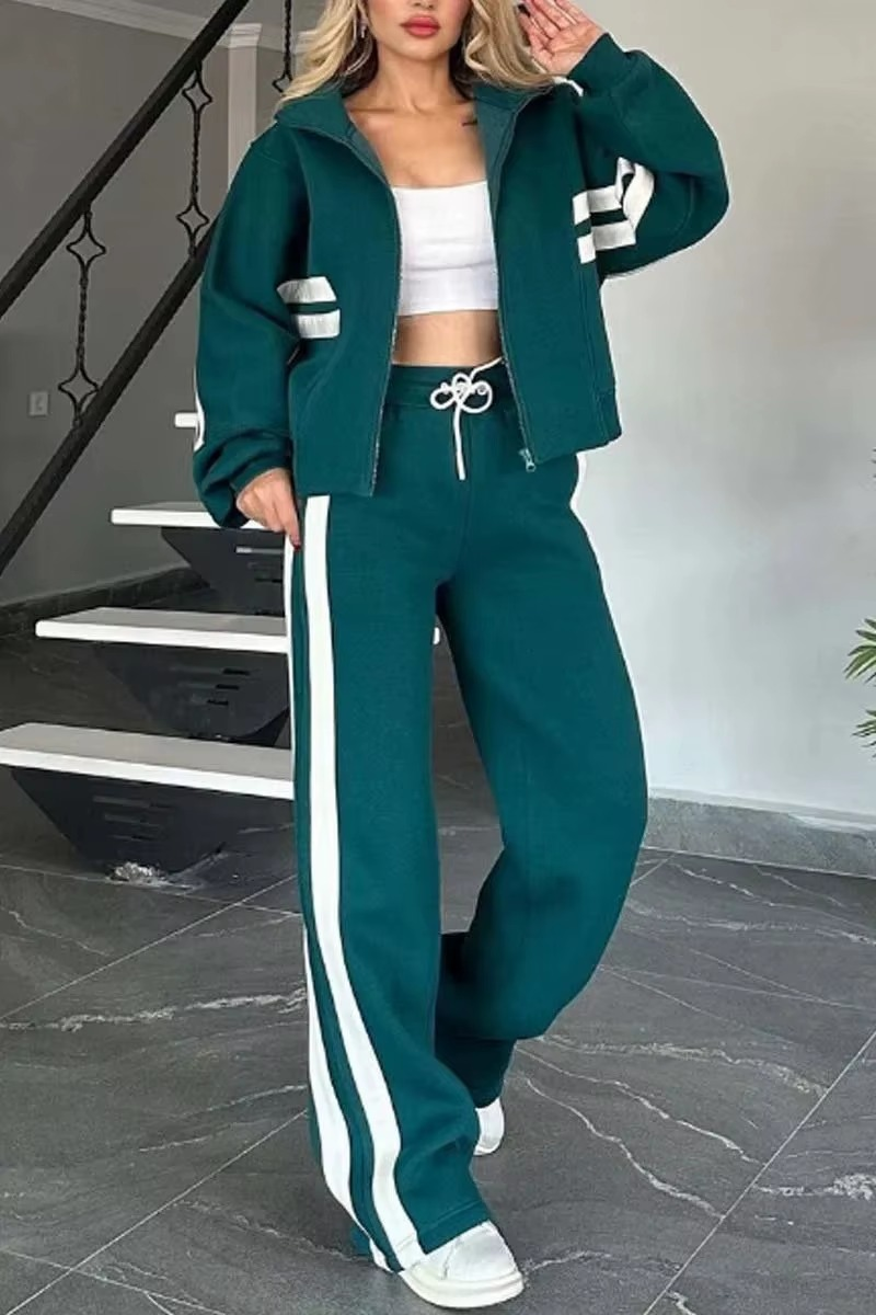 Two Piece Set Women Fashion Striped Print Lapel Zipper Coat High Waist Pants Outfit Autumn Winter Long Sleeve Suit Tracksuit
