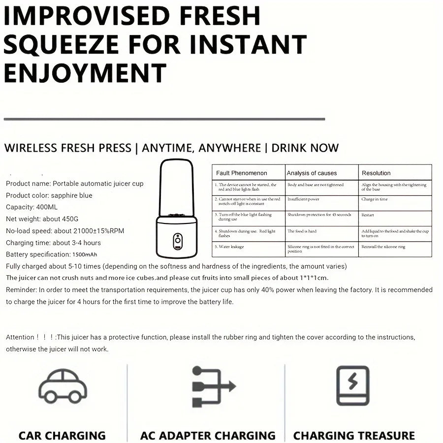 6 Blades Electric Juicer Cup 2 Cups For Travel Portable Juicer Mixer